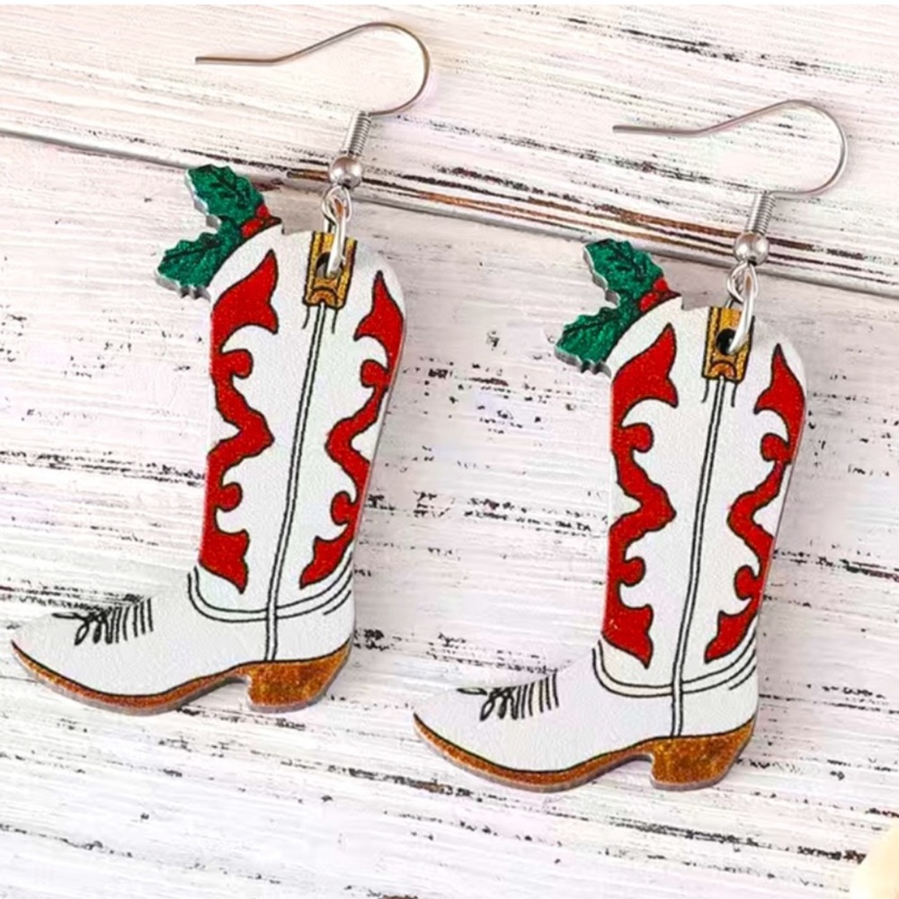 Wooden Christmas Cowboy Boot Earrings